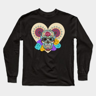 Valentines Sugar Skull Heart and Roses Long Sleeve T-Shirt